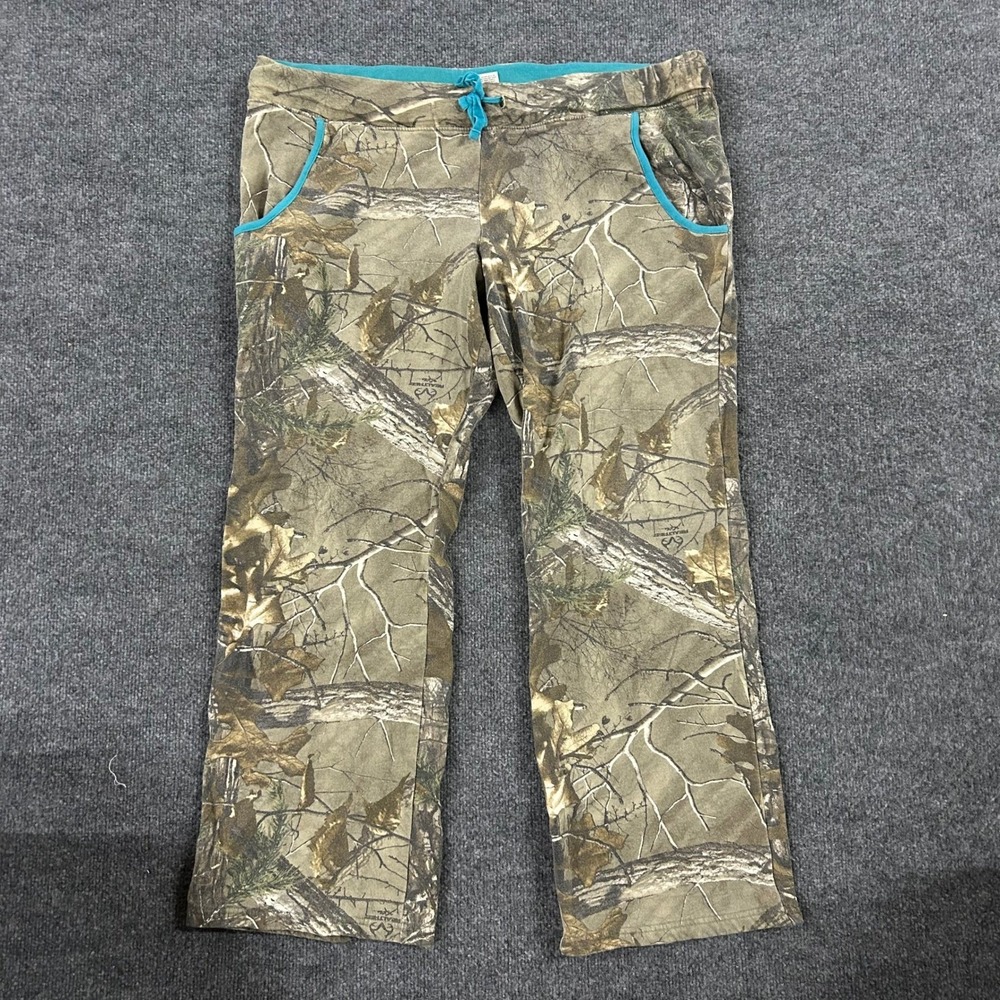 Realtree Sweatpants Womens XL Camo Brown Teal Trim Fleece Lounge Pockets 74323